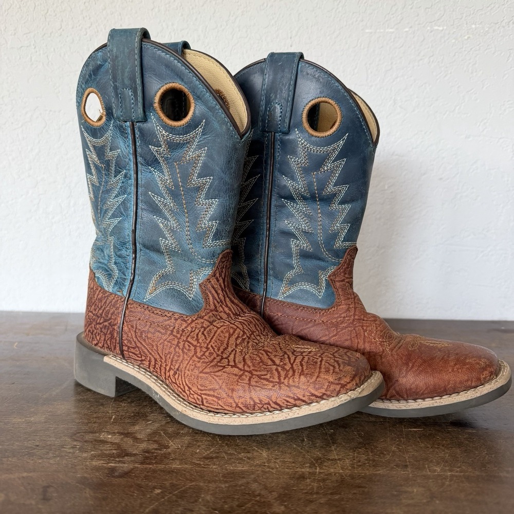 Smoky Mountain Boots Boys Size 1 Brown Blue Leather Western Cowboy Square Toe